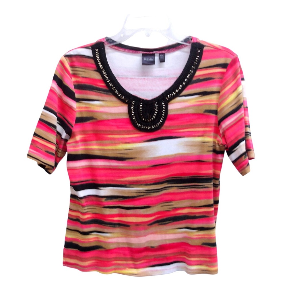 Rafaella Pink Abstract Stripe Embellished Scoop Neck Short Sleeve Top Lg /#26411